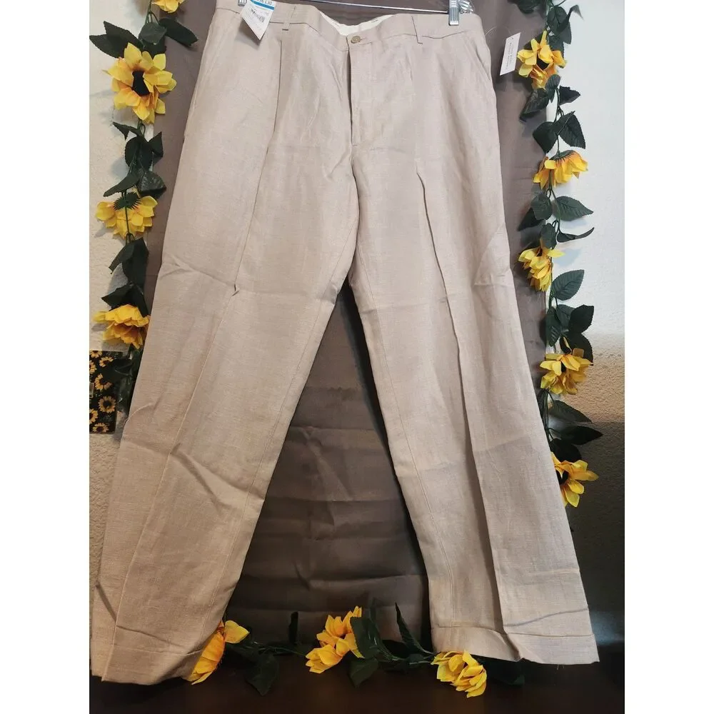 NWT Concepts by Claiborne Men's Beige Linen Dress Pants Flat Front 36W x 30L